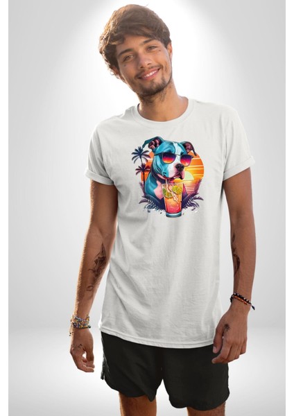 Tatil Köpek Soğuk Kokteyl Içeçek Kadın Erkek Unisex Beyaz Organik Baskılı T-Shirt Penye Yüksek Kalite indirimleri