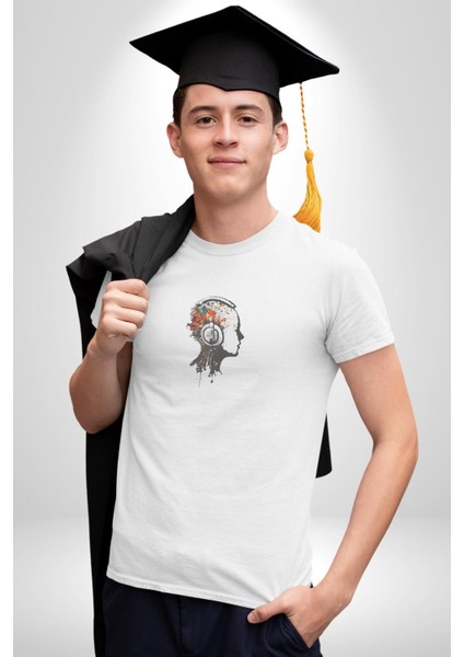 Kafatası Kulaklık Ergen Enerjisi Kadın Erkek Unisex Beyaz Organik Baskılı T-Shirt Penye Yüksek Kalite