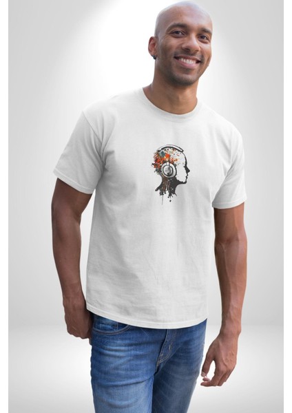 Kafatası Kulaklık Ergen Enerjisi Kadın Erkek Unisex Beyaz Organik Baskılı T-Shirt Penye Yüksek Kalite fiyatları