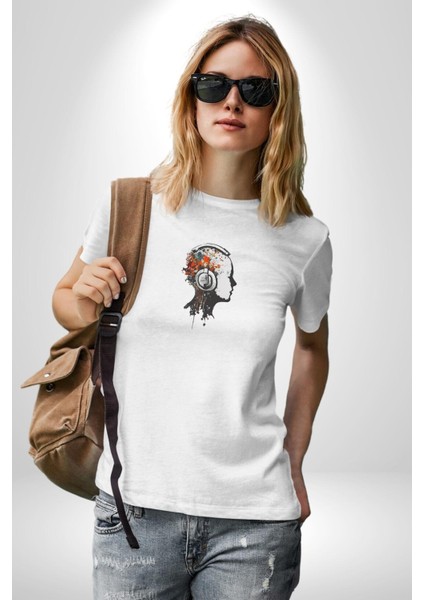Kafatası Kulaklık Ergen Enerjisi Kadın Erkek Unisex Beyaz Organik Baskılı T-Shirt Penye Yüksek Kalite modelleri