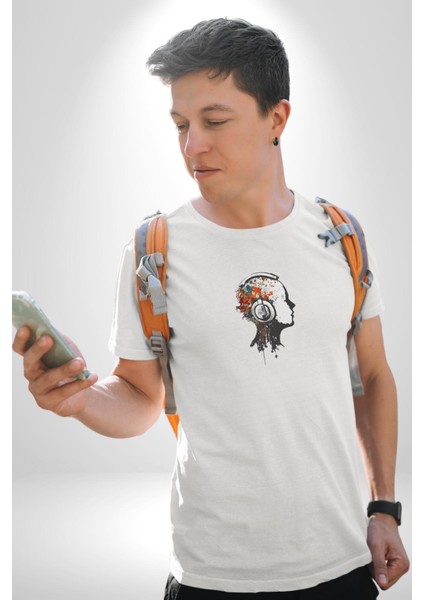 Kafatası Kulaklık Ergen Enerjisi Kadın Erkek Unisex Beyaz Organik Baskılı T-Shirt Penye Yüksek Kalite indirimleri