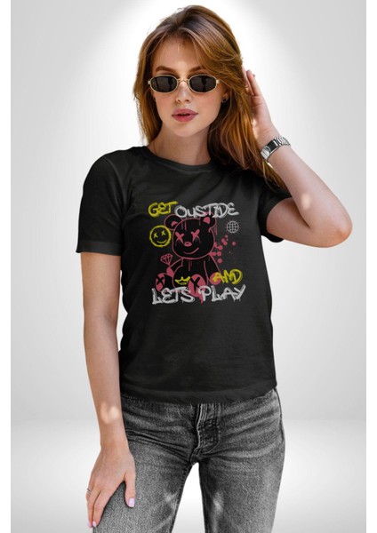 Dışarı Çık ve Oynayalım Teddy Kadın Erkek Unisex Siyah Organik Baskılı T-Shirt Penye Yüksek Kalite