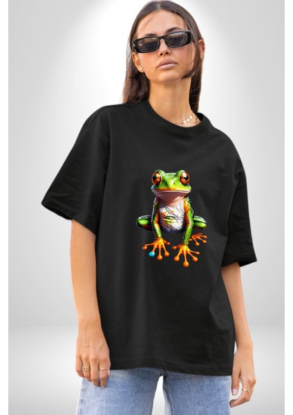 Frog Kurbağa Prens Pamuklu Bisiklet Yaka Kadın Erkek Oversize Boyfriend Dijital Baskılı Siyah T-Shirt