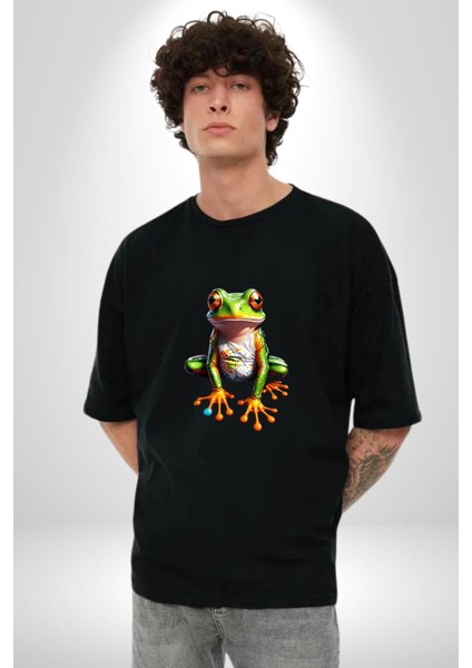 Frog Kurbağa Prens Pamuklu Bisiklet Yaka Kadın Erkek Oversize Boyfriend Dijital Baskılı Siyah T-Shirt fırsatları