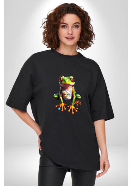 Frog Kurbağa Prens Pamuklu Bisiklet Yaka Kadın Erkek Oversize Boyfriend Dijital Baskılı Siyah T-Shirt indirimleri