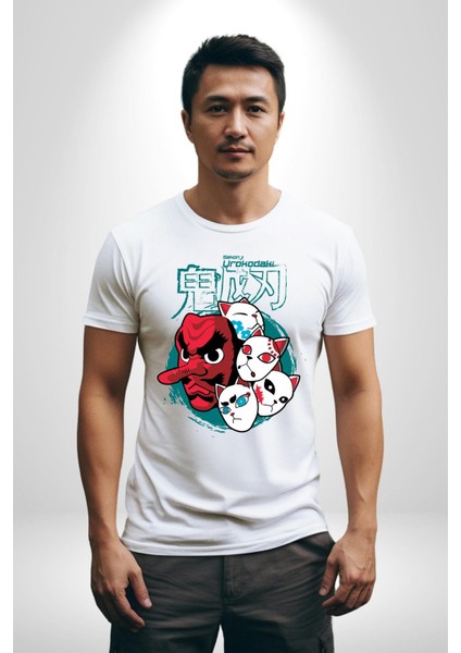 Japon Anime Tengu Maske Kadın Erkek Unisex Beyaz Organik Baskılı T-Shirt Penye Yüksek Kalite
