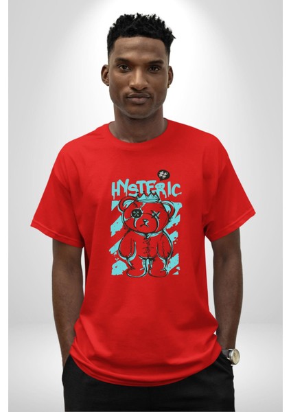 Histerik Pamuklu Bisiklet Yaka Kadın Erkek Oversize Boyfriend Dijital Baskılı Kırmızı T-Shirt indirimleri