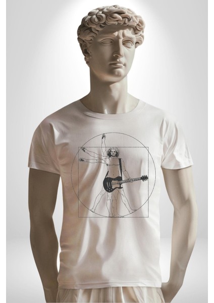 Anatomy Gitar Leonardo Kadın Erkek Unisex Beyaz Organik Baskılı T-Shirt Penye Yüksek Kalite