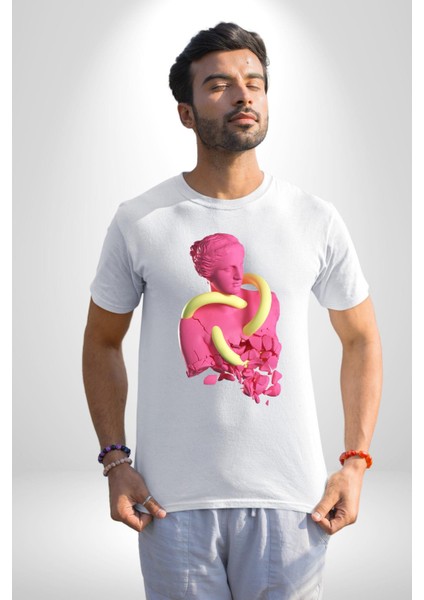 Pop Art Yaratıcı Heykel Pembe Kadın Erkek Unisex Beyaz Organik Baskılı T-Shirt Penye Yüksek Kalite