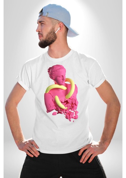 Pop Art Yaratıcı Heykel Pembe Kadın Erkek Unisex Beyaz Organik Baskılı T-Shirt Penye Yüksek Kalite fiyatları