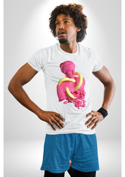 Pop Art Yaratıcı Heykel Pembe Kadın Erkek Unisex Beyaz Organik Baskılı T-Shirt Penye Yüksek Kalite modelleri