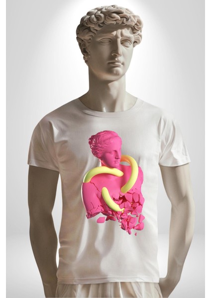 Pop Art Yaratıcı Heykel Pembe Kadın Erkek Unisex Beyaz Organik Baskılı T-Shirt Penye Yüksek Kalite fırsatları