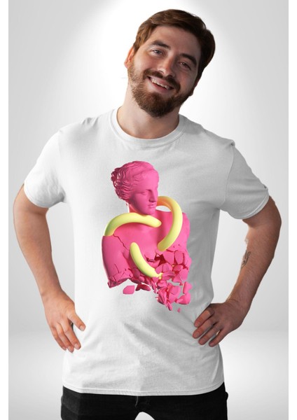 Pop Art Yaratıcı Heykel Pembe Kadın Erkek Unisex Beyaz Organik Baskılı T-Shirt Penye Yüksek Kalite indirimleri