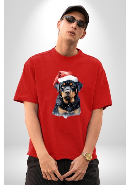 Yeni Yıl Noel Rottweiler Pamuklu Bisiklet Yaka Kadın Erkek Oversize Boyfriend Dijital Baskılı Kırmızı T-Shirt fiyatları
