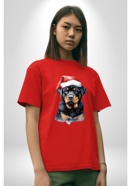 Yeni Yıl Noel Rottweiler Pamuklu Bisiklet Yaka Kadın Erkek Oversize Boyfriend Dijital Baskılı Kırmızı T-Shirt fırsatları