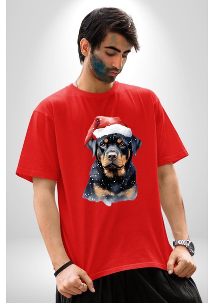 Yeni Yıl Noel Rottweiler Pamuklu Bisiklet Yaka Kadın Erkek Oversize Boyfriend Dijital Baskılı Kırmızı T-Shirt indirimleri
