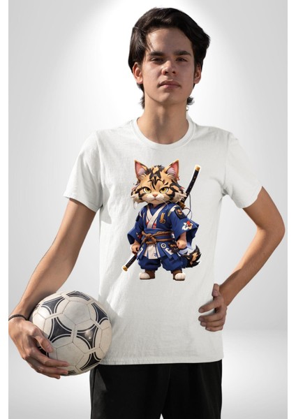 Japon Samuray Kılınç Kadın Erkek Unisex Beyaz Organik Baskılı T-Shirt Penye Yüksek Kalite