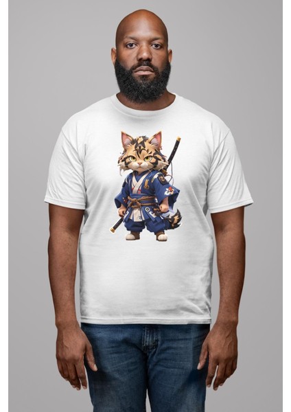 Japon Samuray Kılınç Kadın Erkek Unisex Beyaz Organik Baskılı T-Shirt Penye Yüksek Kalite fırsatları