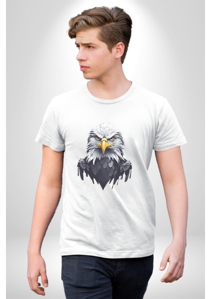 Siyah Beyaz Şahin Kafası Kadın Erkek Unisex Beyaz Organik Baskılı T-Shirt Penye Yüksek Kalite modelleri