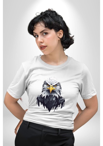 Siyah Beyaz Şahin Kafası Kadın Erkek Unisex Beyaz Organik Baskılı T-Shirt Penye Yüksek Kalite indirimleri