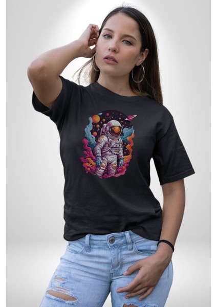 Ay Mars Astronot Kadın Erkek Unisex Siyah Organik Baskılı T-Shirt Penye Yüksek Kalite