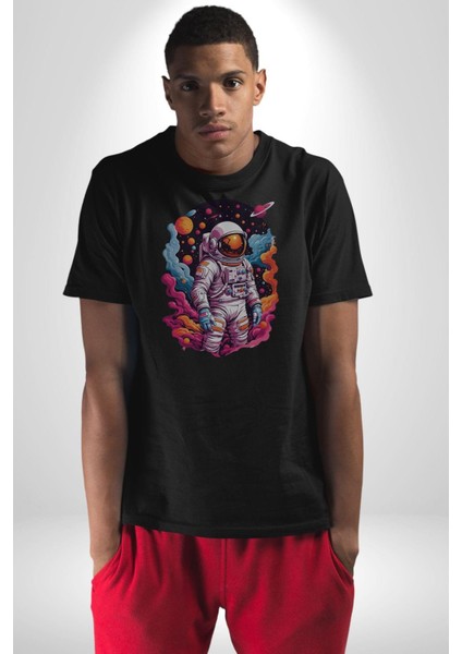 Ay Mars Astronot Kadın Erkek Unisex Siyah Organik Baskılı T-Shirt Penye Yüksek Kalite