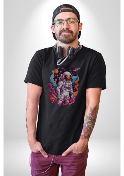 Ay Mars Astronot Kadın Erkek Unisex Siyah Organik Baskılı T-Shirt Penye Yüksek Kalite