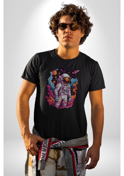 Ay Mars Astronot Kadın Erkek Unisex Siyah Organik Baskılı T-Shirt Penye Yüksek Kalite