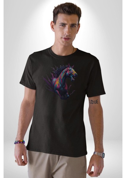 Renkli At Koşu Kadın Erkek Unisex Siyah Organik Baskılı T-Shirt Penye Yüksek Kalite