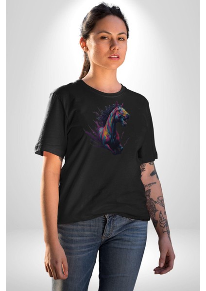 Renkli At Koşu Kadın Erkek Unisex Siyah Organik Baskılı T-Shirt Penye Yüksek Kalite