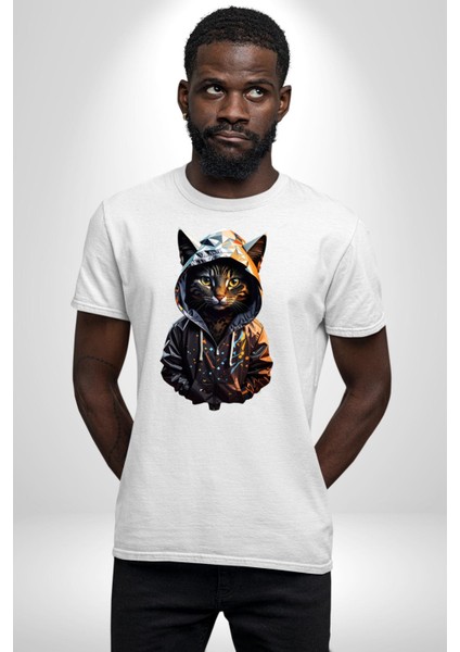 Hip Hop Gençlik Kedi Çeket Kadın Erkek Unisex Beyaz Organik Baskılı T-Shirt Penye Yüksek Kalite indirimleri