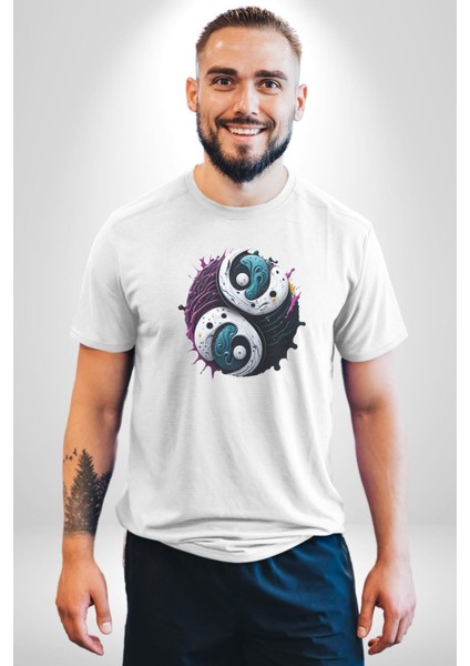 Renkli Yin Ile Yang Kuramı Kadın Erkek Unisex Beyaz Organik Baskılı T-Shirt Penye Yüksek Kalite