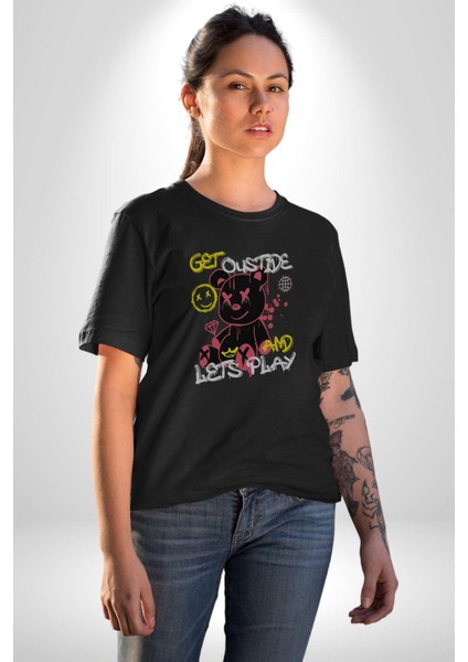 Dışarı Çık ve Oynayalım Teddy Kadın Erkek Unisex Siyah Organik Baskılı T-Shirt Penye Yüksek Kalite modelleri