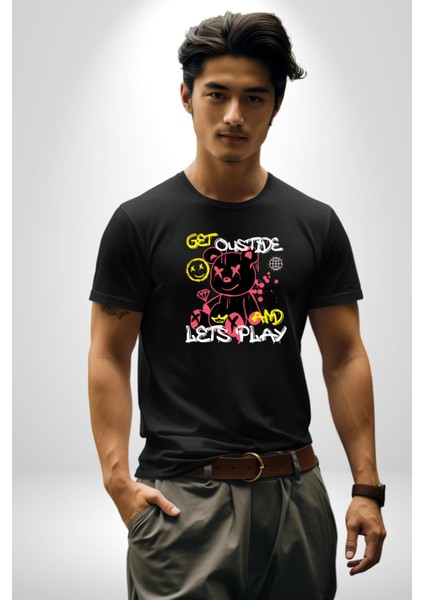 Dışarı Çık ve Oynayalım Teddy Kadın Erkek Unisex Siyah Organik Baskılı T-Shirt Penye Yüksek Kalite fırsatları