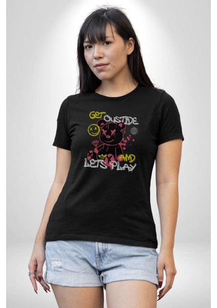 Dışarı Çık ve Oynayalım Teddy Kadın Erkek Unisex Siyah Organik Baskılı T-Shirt Penye Yüksek Kalite indirimleri
