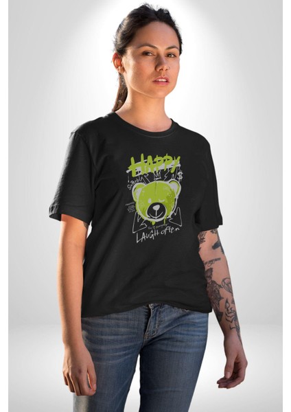 Sık Sık Mutlu Gülmek Teddy Bear Kadın Erkek Unisex Siyah Organik Baskılı T-Shirt Penye Yüksek Kalite