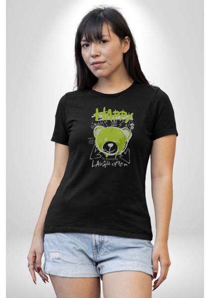 Sık Sık Mutlu Gülmek Teddy Bear Kadın Erkek Unisex Siyah Organik Baskılı T-Shirt Penye Yüksek Kalite