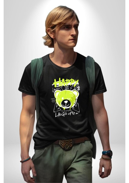 Sık Sık Mutlu Gülmek Teddy Bear Kadın Erkek Unisex Siyah Organik Baskılı T-Shirt Penye Yüksek Kalite