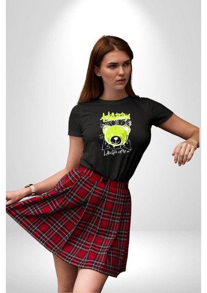 Sık Sık Mutlu Gülmek Teddy Bear Kadın Erkek Unisex Siyah Organik Baskılı T-Shirt Penye Yüksek Kalite