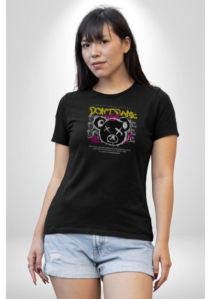 Panik Yok Teddy Kadın Erkek Unisex Siyah Organik Baskılı T-Shirt Penye Yüksek Kalite