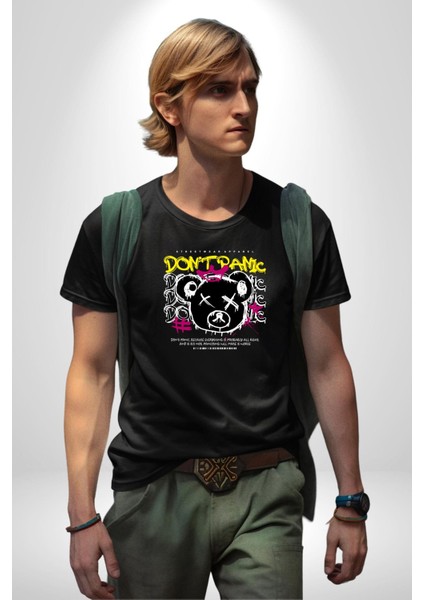 Panik Yok Teddy Kadın Erkek Unisex Siyah Organik Baskılı T-Shirt Penye Yüksek Kalite fiyatları