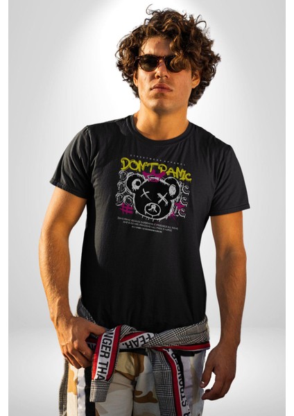 Panik Yok Teddy Kadın Erkek Unisex Siyah Organik Baskılı T-Shirt Penye Yüksek Kalite fırsatları