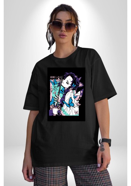 Shinobu Kocho Demon Slayer Pamuklu Bisiklet Yaka Kadın Erkek Oversize Boyfriend Dijital Baskılı Siyah T-Shirt
