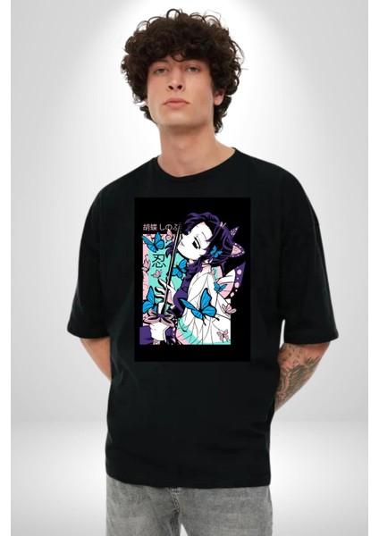 Shinobu Kocho Demon Slayer Pamuklu Bisiklet Yaka Kadın Erkek Oversize Boyfriend Dijital Baskılı Siyah T-Shirt fiyatları