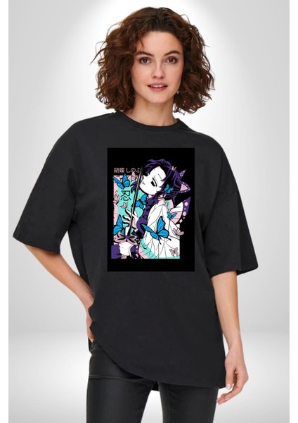 Shinobu Kocho Demon Slayer Pamuklu Bisiklet Yaka Kadın Erkek Oversize Boyfriend Dijital Baskılı Siyah T-Shirt modelleri