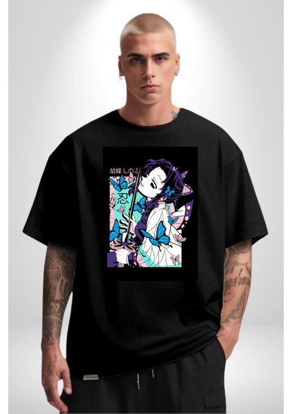 Shinobu Kocho Demon Slayer Pamuklu Bisiklet Yaka Kadın Erkek Oversize Boyfriend Dijital Baskılı Siyah T-Shirt fırsatları