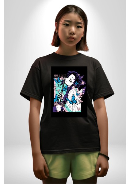 Shinobu Kocho Demon Slayer Pamuklu Bisiklet Yaka Kadın Erkek Oversize Boyfriend Dijital Baskılı Siyah T-Shirt indirimleri