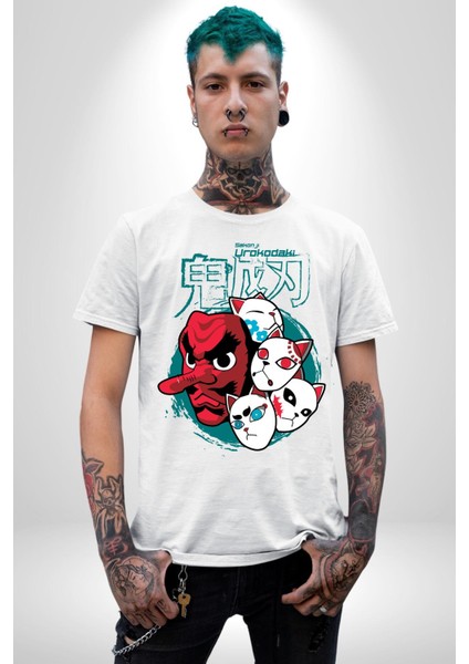 Japon Anime Tengu Maske Kadın Erkek Unisex Beyaz Organik Baskılı T-Shirt Penye Yüksek Kalite modelleri