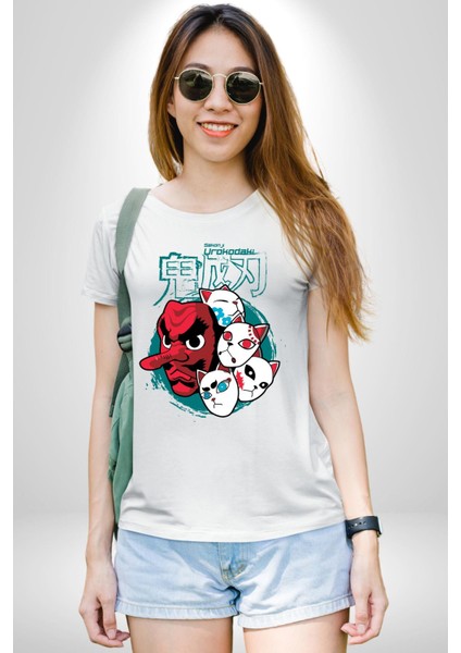 Japon Anime Tengu Maske Kadın Erkek Unisex Beyaz Organik Baskılı T-Shirt Penye Yüksek Kalite fırsatları