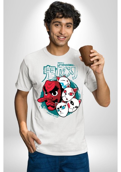 Japon Anime Tengu Maske Kadın Erkek Unisex Beyaz Organik Baskılı T-Shirt Penye Yüksek Kalite indirimleri